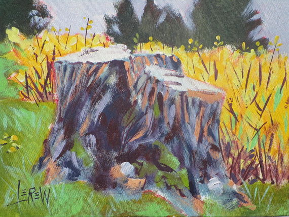 570x428 Monumental Stump With Forsythia Original Acrylic Painting - Forsythia Painting