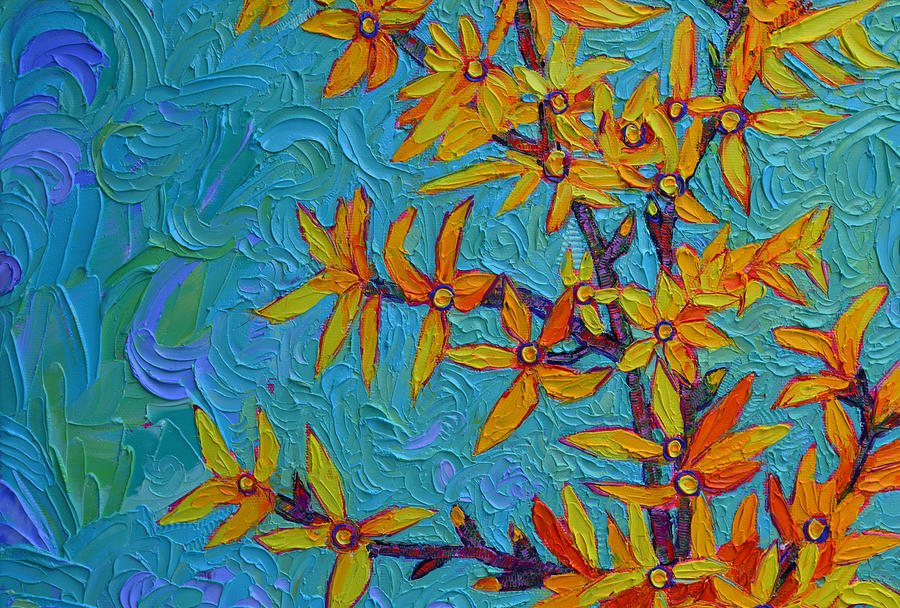 900x608 Vibrant Forsythia Modern Impressionism Flowers Impasto Palette - Forsythia Painting