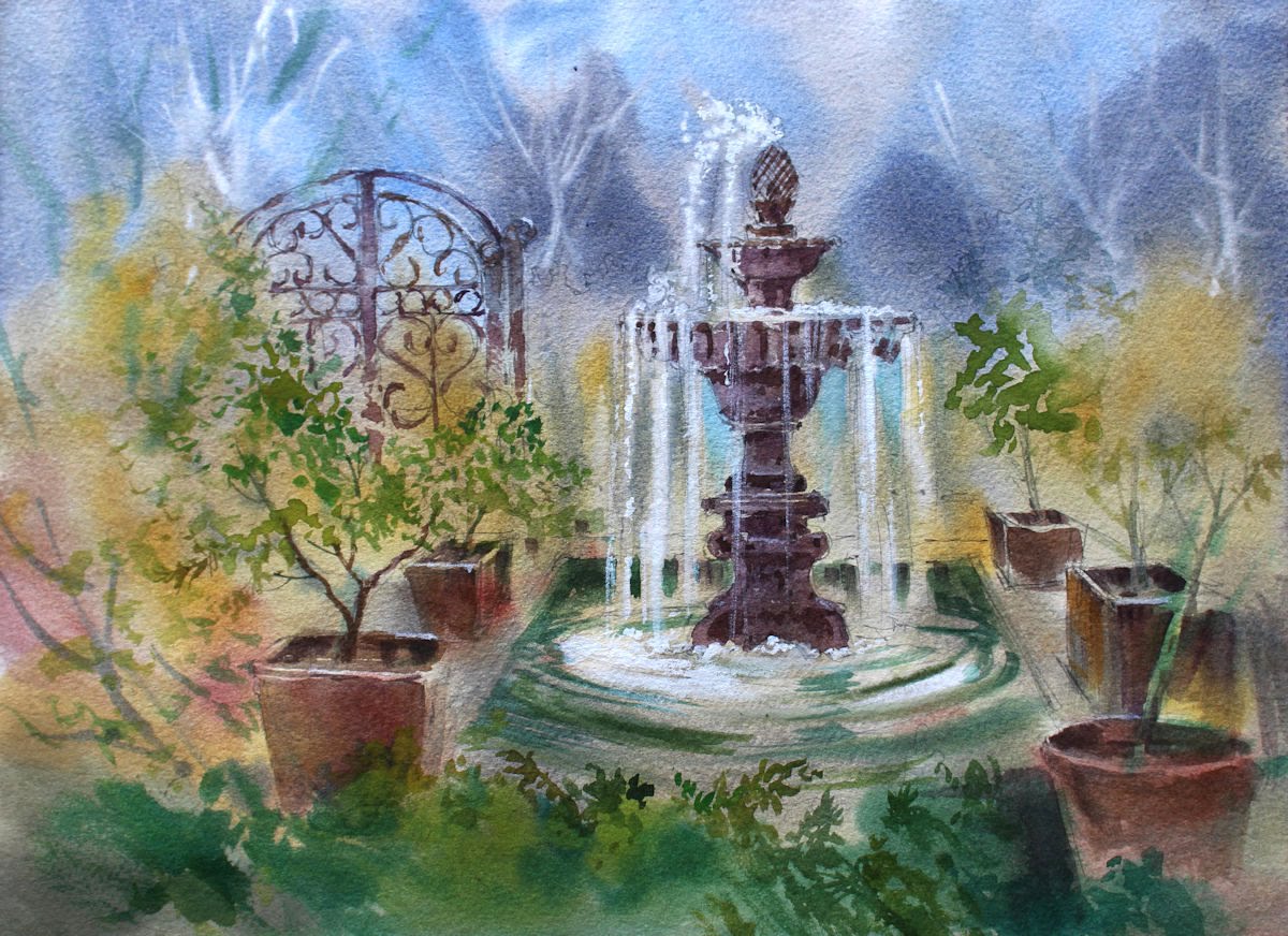 1200x872 Fountain In Watercolor - Fountain Painting