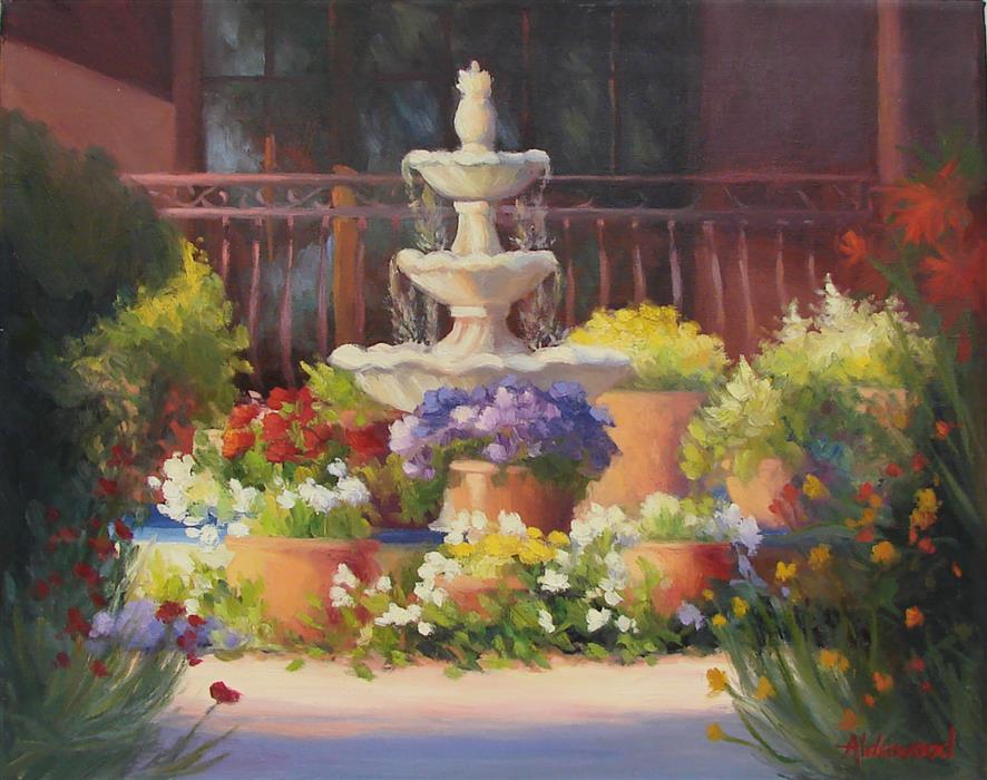 886x700 Hacienda Fountain By Sherri Aldawood - Fountain Painting