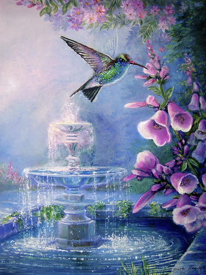 675x900 Hummingbird By The Secret Fountain Painting - Fountain Painting