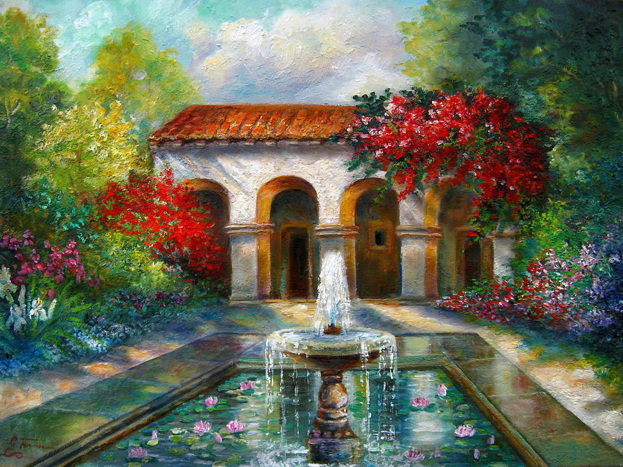 900x675 Italian Abbey Garden Scene With Fountain Painting By Regina Femrite - Fountain Painting