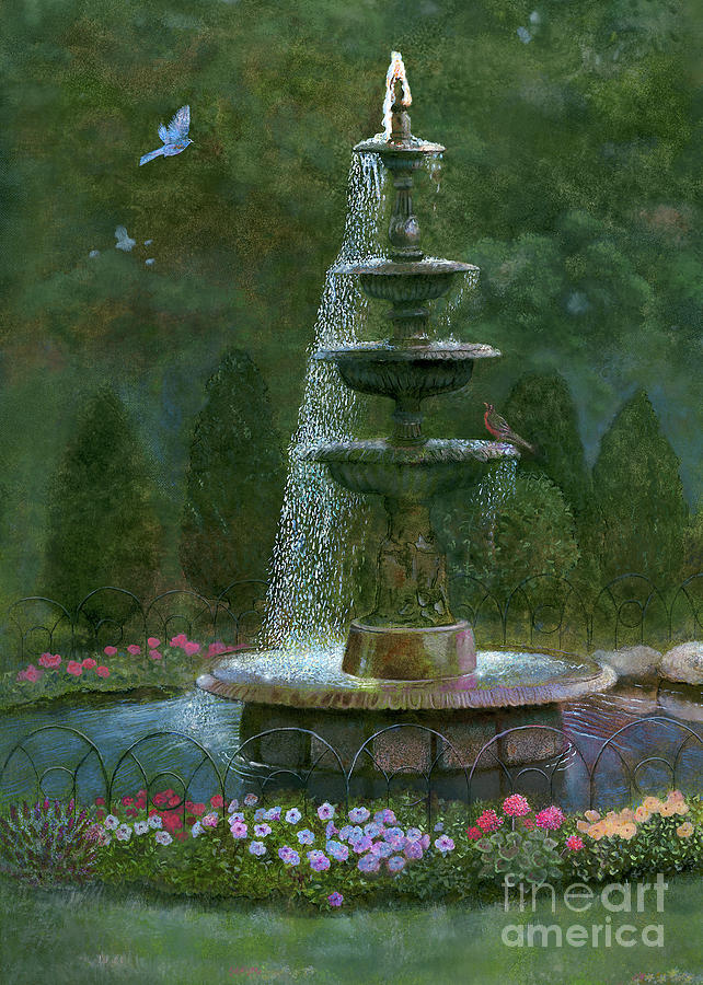 642x900 Sparkling Garden Fountain Painting By Nancy Lee Moran - Fountain Painting