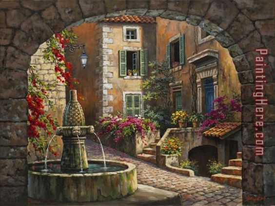 564x423 Sung Kim Fountain De Village Painting Anysize 50% Off - Fountain Painting