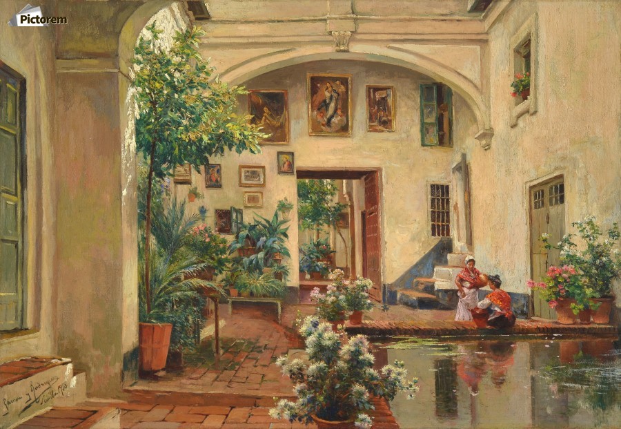 900x621 Two Ladies Talking In A Garden With Fountain And Paintings - Fountain Painting