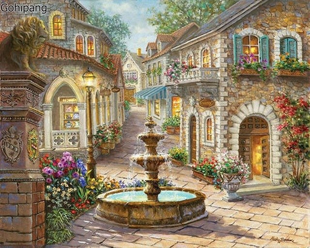 640x512 Fountain Landscape Diy Painting By Numbers Hand Painted Oil - Fountain Painting