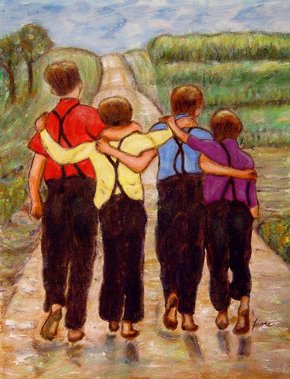 570x745 Four Brothers Original Acrylic Painting On Paper, Amish - Four Brothers Painting