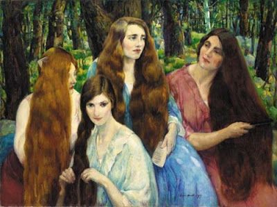 400x298 Four Girls Combing Hair By Abraham Leon Kroll (Usa) Art - Four Girl Painting
