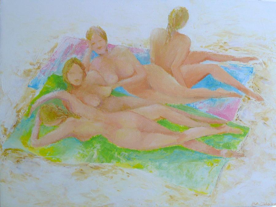 900x675 Four Girls On Beach Towels Painting By Barbara Anna Cichocka - Four Girl Painting