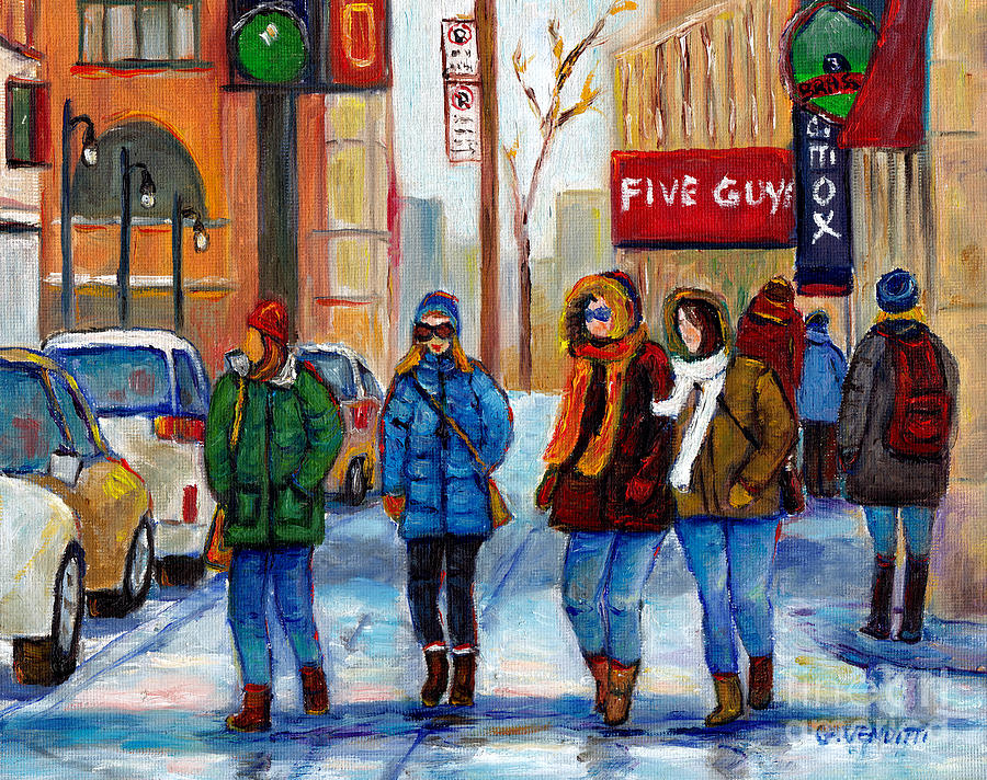 900x712 Four Girls Shopping Along Downtown Street Montreal Winter Street - Four Girl Painting