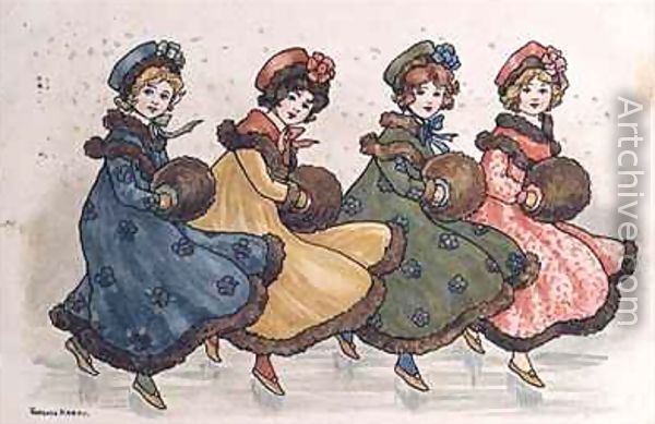 600x389 Four Young Girls With Muffs Reproduction By Florence Hardy - Four Girl Painting