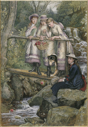 297x428 Painting Of Four Girls And A Dog Standing On A Wooden Bridge Above - Four Girl Painting