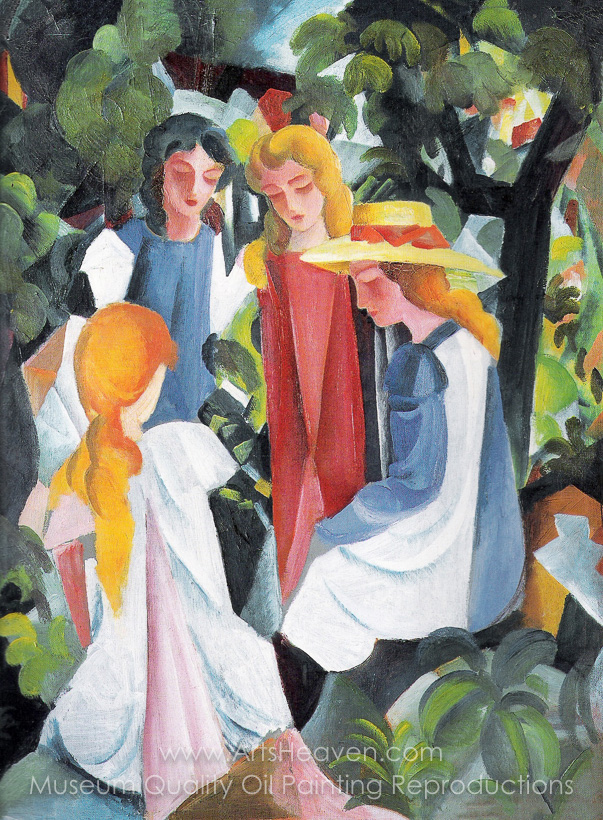 603x820 Reproduction Painting August Macke Four Girls, Hand Painted - Four Girl Painting