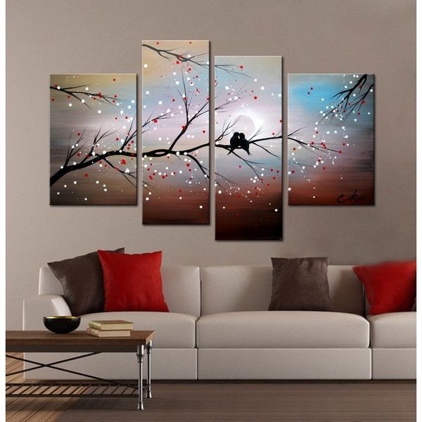 600x600 Love On The Branch' 4 Piece Hand Painted Gallery Wrapped Canvas - Four Piece Painting