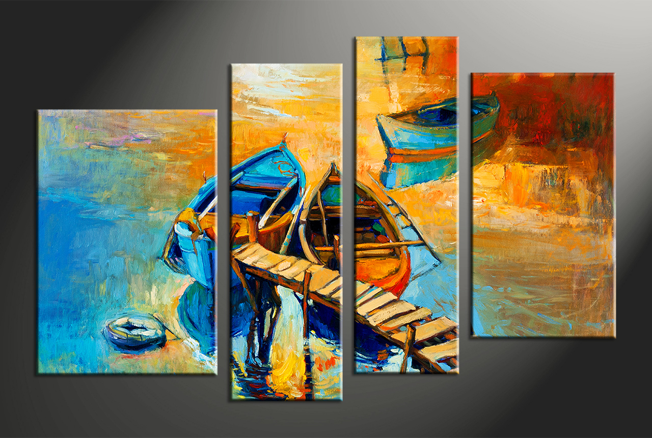 1280x860 Skill Canvas Paintings 4 Piece Oil Boat Ocean Huge Yellow Art - Four Piece Painting