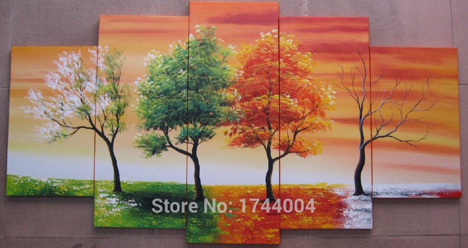 966x512 Knife Four Seasons Tree Oil Painting On Canvas 5 Pcs Set Home - Four Seasons Abstract Painting