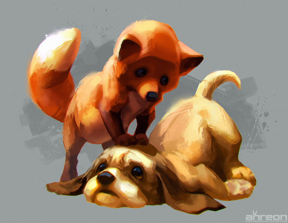 1000x774 The Fox And The Hound By Akreon - Fox And Hound Painting