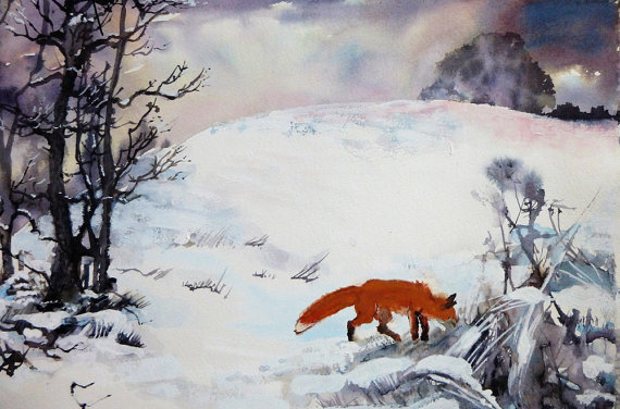 570x376 Fox In Snowwatercolour Winter Landscapesnow Scene - Fox In The Snow Painting