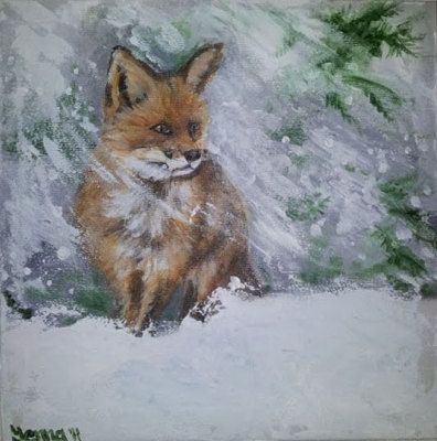396x400 Fox In The Snow Painting. Original Acrylic Painting By - Fox In The Snow Painting