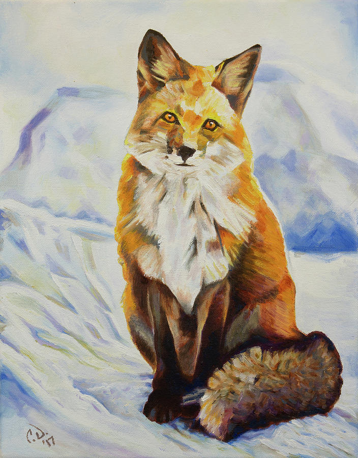 704x900 Red Fox Sitting In Snow Painting By Cameron Dixon - Fox In The Snow Painting