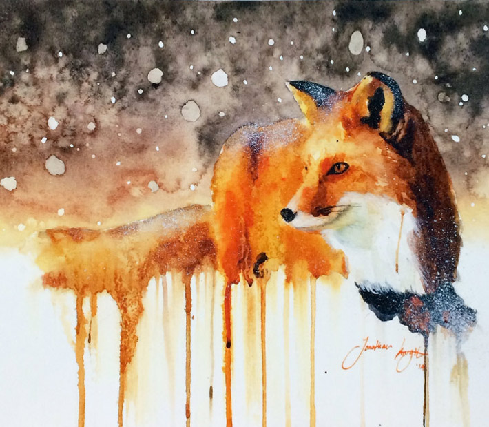 710x620 Snow Fall And Fox Painting By Jonathan Knight Art - Fox In The Snow Painting