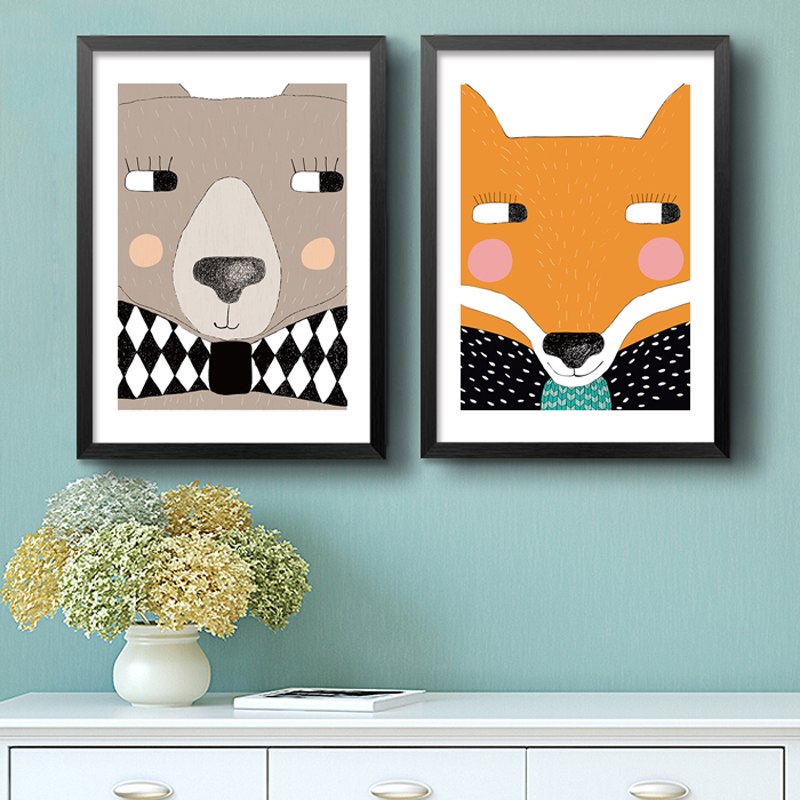 800x800 Modern Kawaii Animals Fox Rabbit Painting Poster Cuadros Wall Art - Fox Nursery Painting