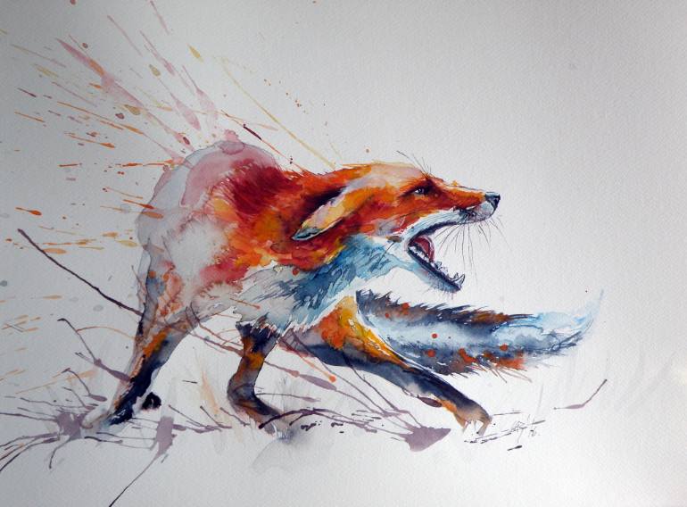 770x568 Saatchi Art Startled Red Fox Painting By Kovacs Anna Brigitta - Fox Painting Watercolor
