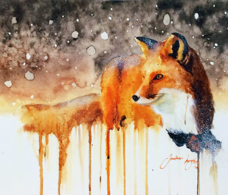 750x640 Snow Fall And Fox Painting By Jonathan Knight Art No. 904 - Fox Painting Watercolor