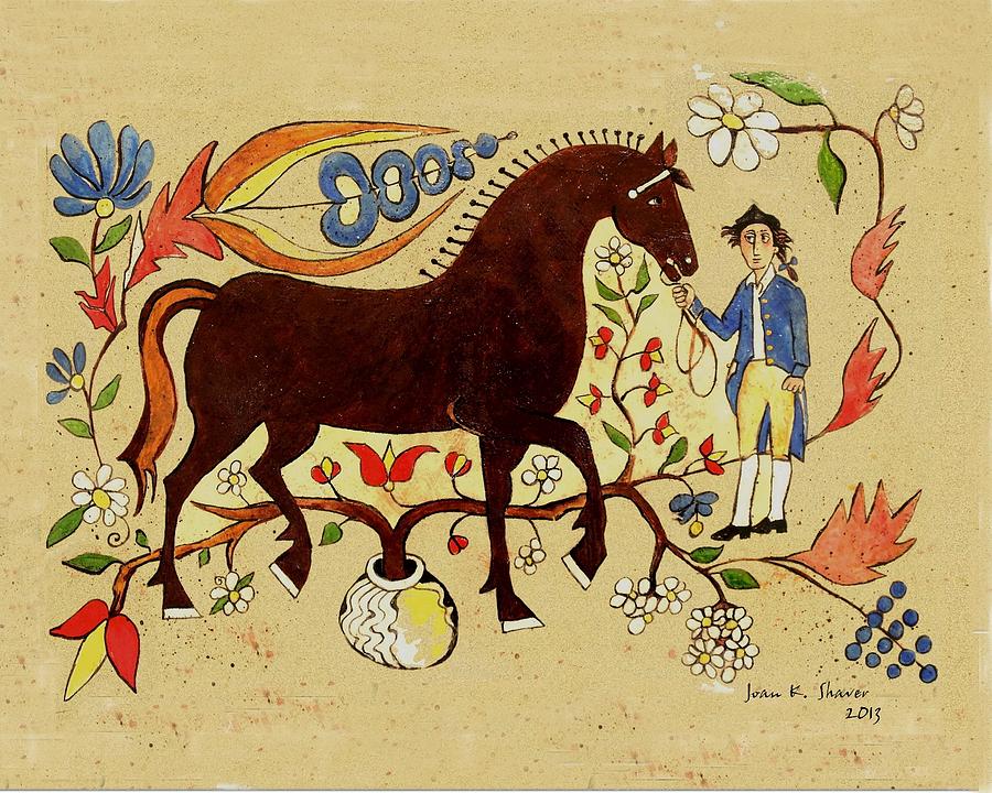 900x720 Fraktur Art Soldier With Horse Painting By Joan Shaver - Fraktur Painting