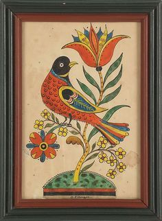 236x322 Fraktur Bird, Cat, Folk Art, Fraktur Art Pennsylvania, Fraktur - Fraktur Painting