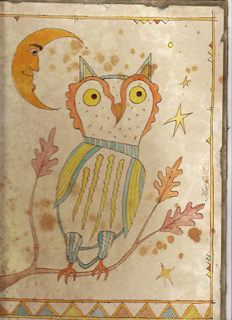 327x450 Ken Scott American Frontier Artist Owl Fraktur Watercolor - Fraktur Painting