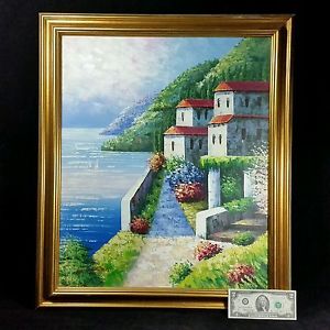 300x300 M. Biman Signed Large Mediterranean Landscape Framed Art Canvas - Framed Art Oil Painting