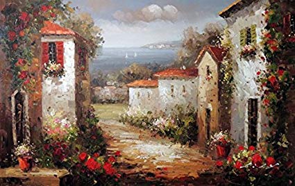 425x268 100% Hand Painted Mediterranean Tuscany Italy Town - Framed Art Oil Painting
