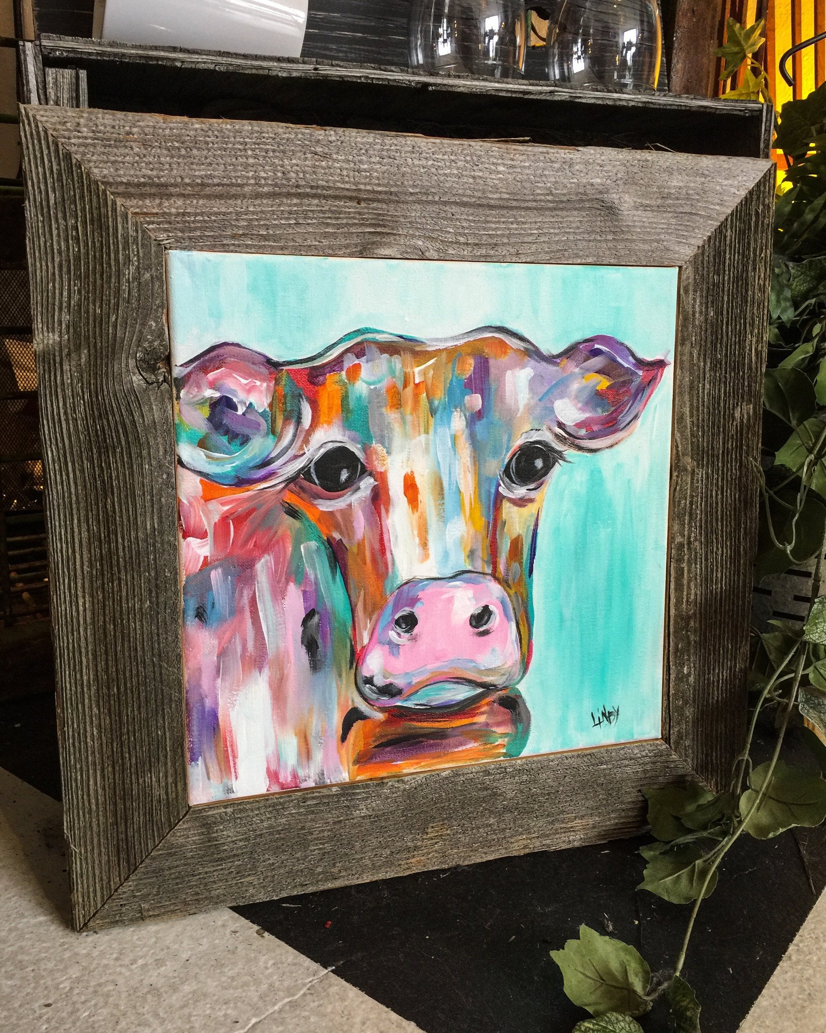 1638x2048 Colorful Abstract Cow Painting Framed With Reclaimed Barn Wood - Framed Cow Painting