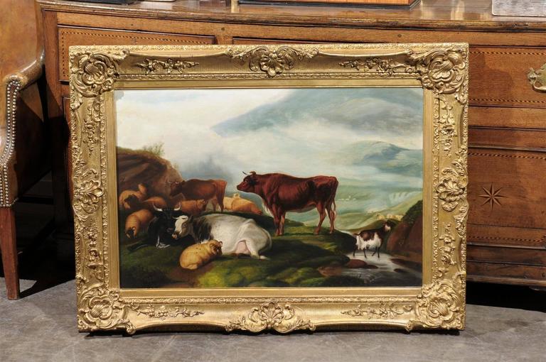 768x510 Large English 1880s Giltwood Framed Pastoral Oil Painting - Framed Cow Painting