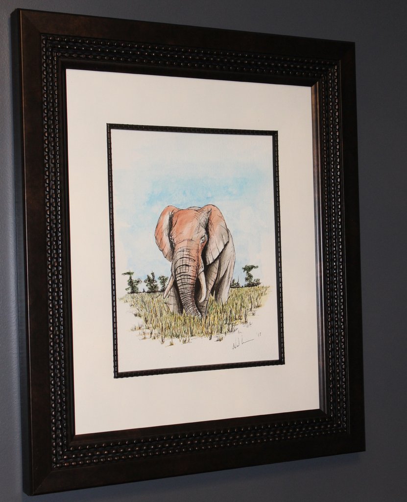 831x1024 Savannah Elephant. Artist Original Watercolour Penampink. Framed Art - Framed Elephant Painting