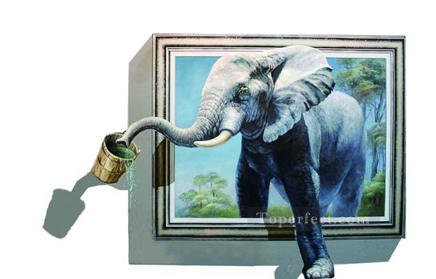 633x406 Drinking Elephant Out Of Frame 3d Painting In Oil For Sale - Framed Elephant Painting