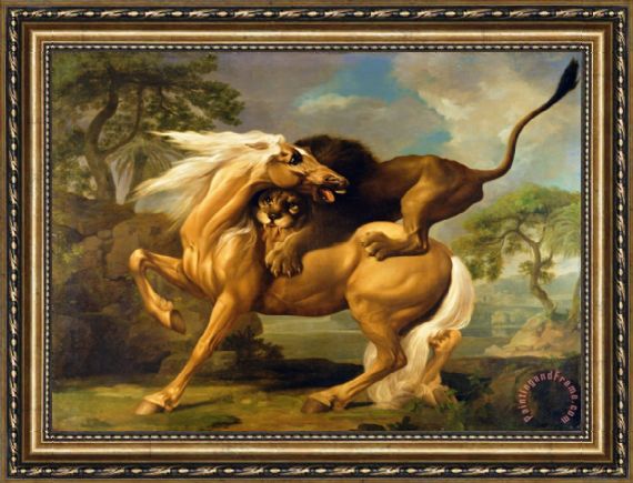 570x435 George Stubbs A Lion Attacking A Horse Framed Painting For Sale - Framed Horse Painting