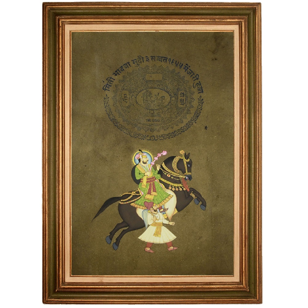 1000x1000 Indian Art Stamp Paper Painting Of Mughal King Horse Riding - Framed Horse Painting