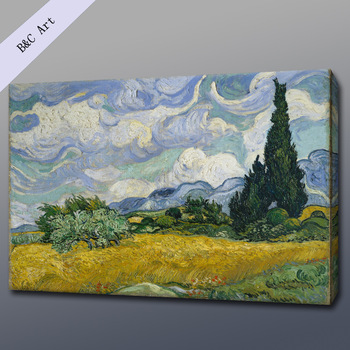 350x350 Canvas Printing Abstract Wheat Field Cypresses Van Gogh - Framed Reproduction Oil Painting