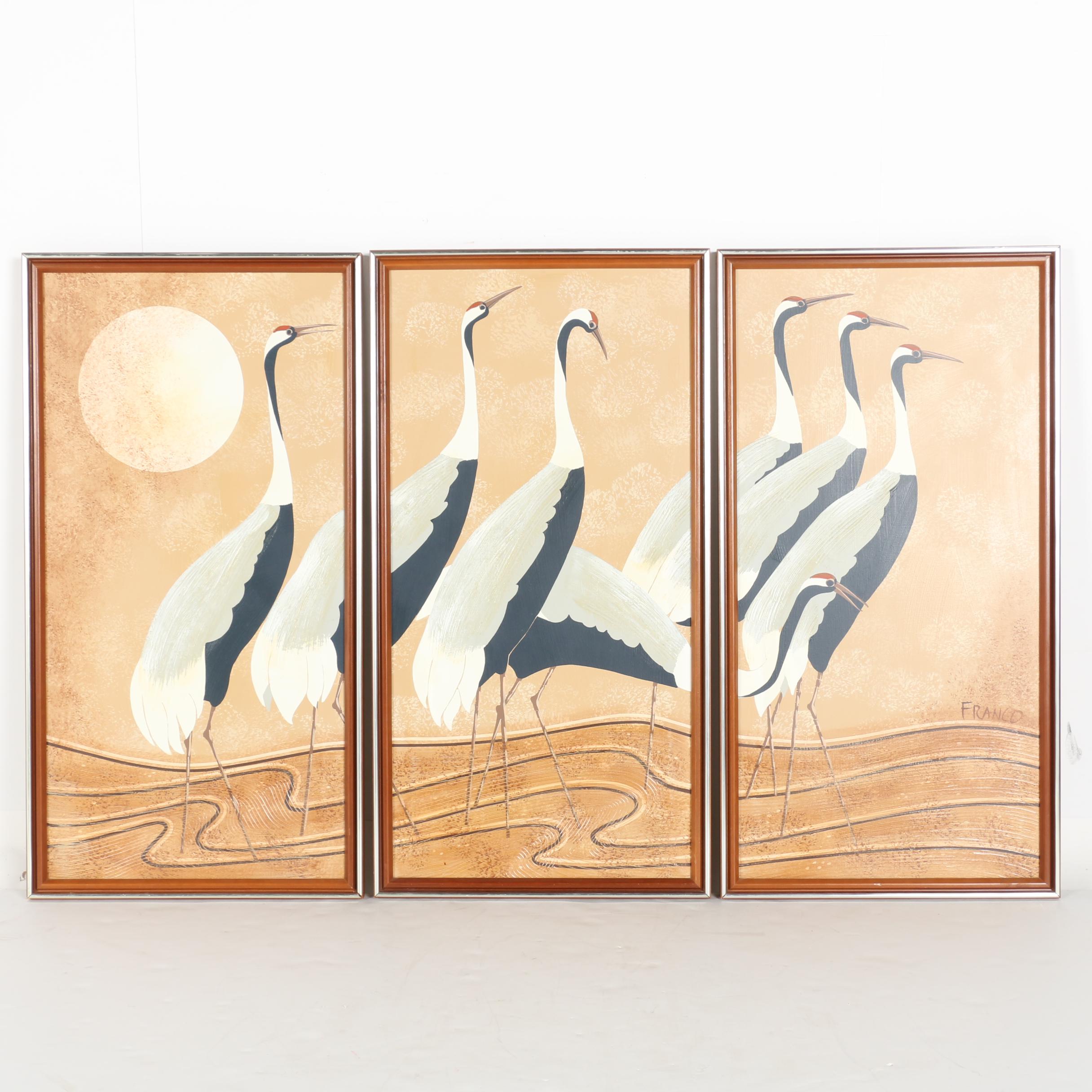2432x2432 Franco Acrylic On Canvas Triptych Of Cranes Ebth - Franco Canvas Painting
