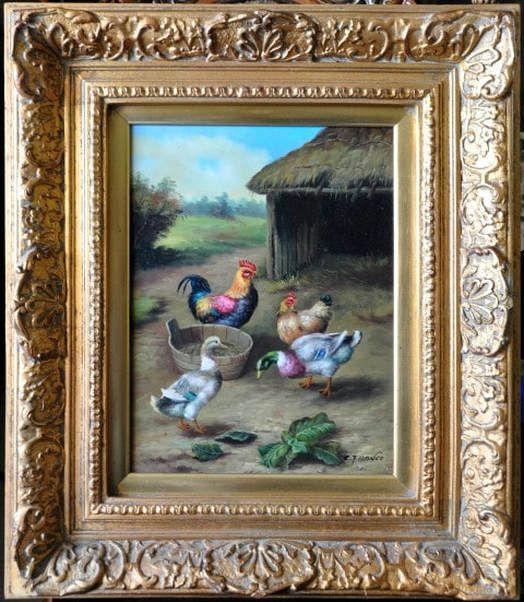 524x602 Oil On Canvas Painting Of Chickens And Ducks By C. Franco Oil - Franco Canvas Painting