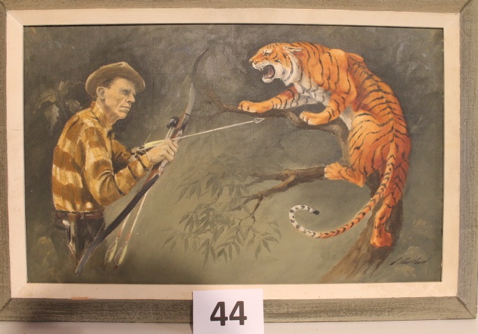 686x479 Original Oil Painting Of Fred Bear Shooting Tiger - Fred Bear Painting