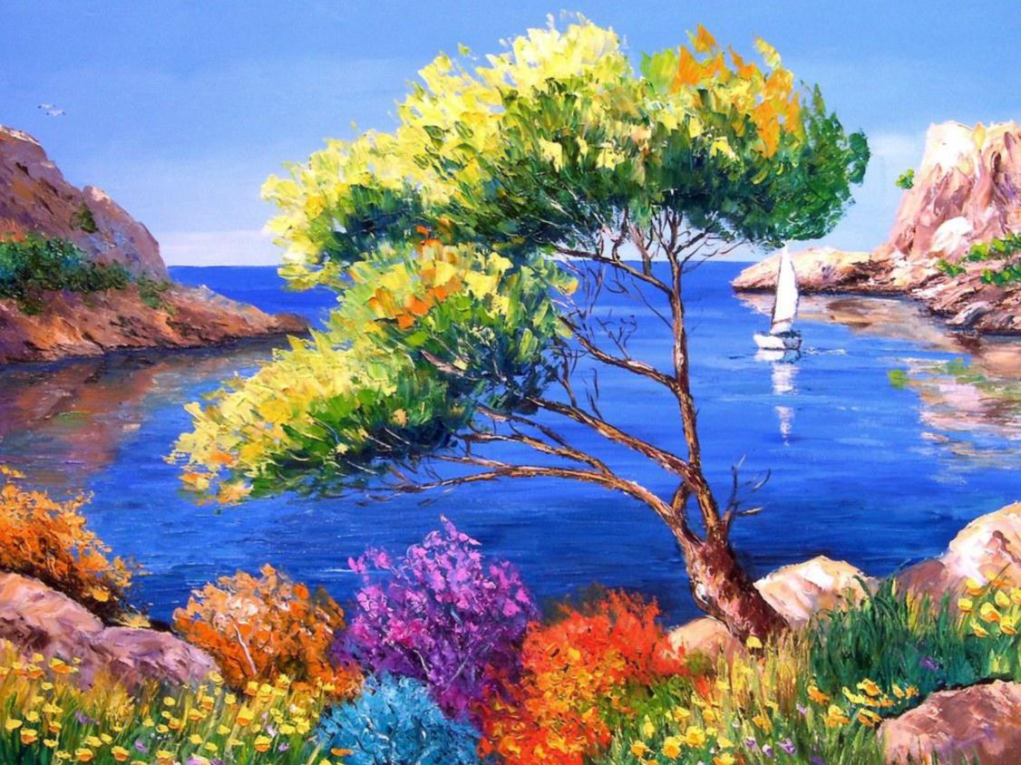 1126x844 Sea Art Paint Wallpaper Desktop Hd Wallpaper - Free Art Painting