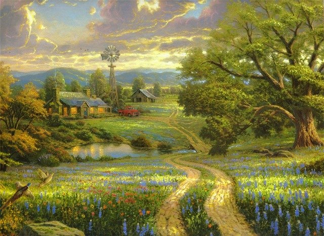 640x465 Free Shipping Thomas Kinkade Pastoral Flowers Field Landscape - Free Landscape Painting