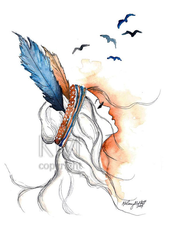 570x760 Free Spirit Print Of Original Watercolor Painting Native - Free Spirit Painting