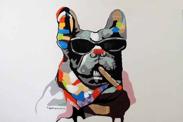640x426 Online Cheap Framed French Bulldog Cigar Dark Glasses Mixed Media - French Bulldog Painting