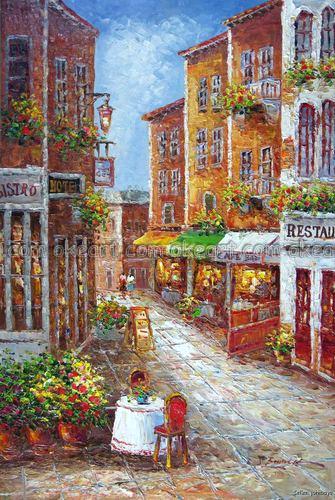 335x500 French Cafe Paintings Hand Painted French Town Sidewalk Dining - French Cafe Painting