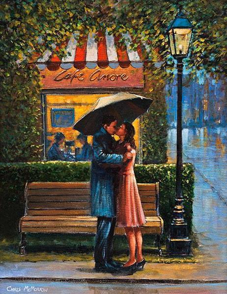 462x600 Painting Print Of A Couple Embracing Outside A French Cafe - French Cafe Painting