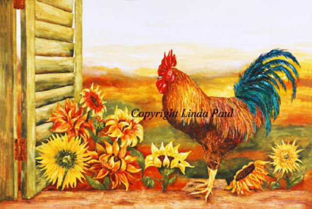 640x428 Linda Paul Artwork Rooster And Sunflowers French Country Art - French Country Painting